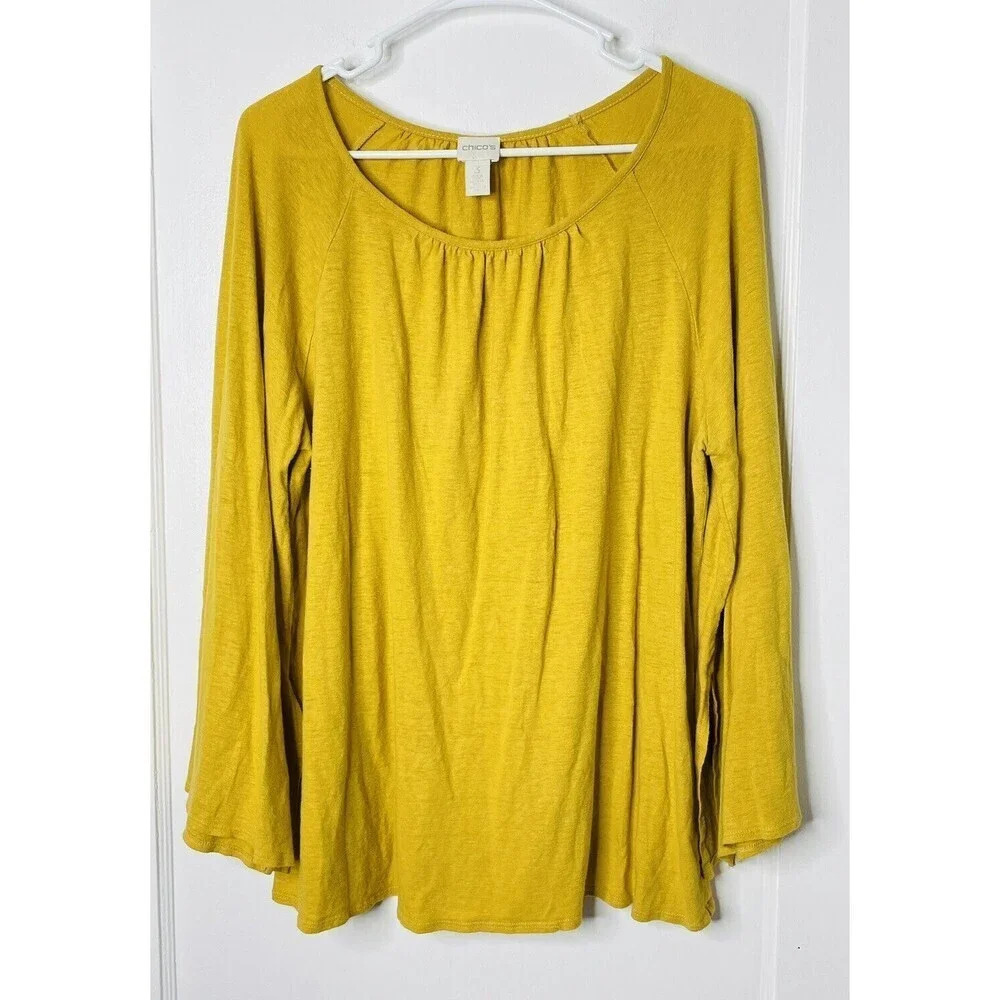 Chicos Womens Shirt Sz 3 Bell Sleeve Yellow Linen Rayon Blend Pleated Neckline